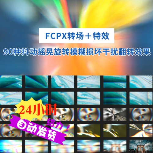 FCPX转场+特效插件：90种抖动摇晃旋转模糊损坏干扰翻转效果